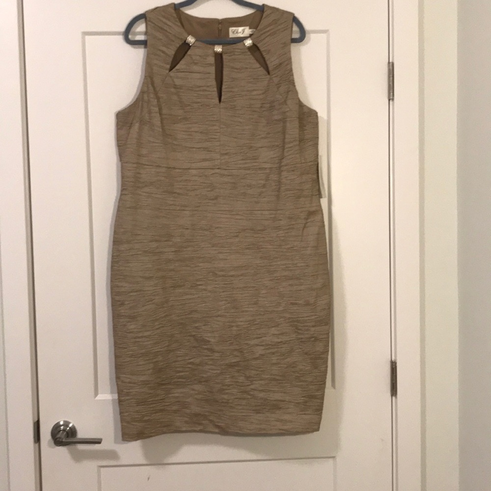 Eliza J Gold sheath dress with neck embellishment